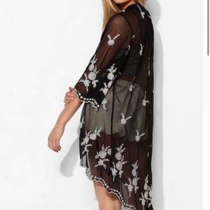 Pins and Needles Night Bloom Embroidered Kimono Sheer Coverup Black
